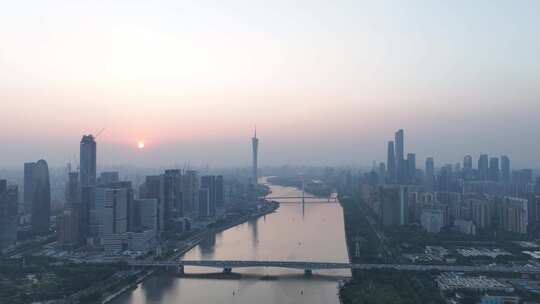 广州日落延时航拍珠江广州塔城市建筑风光