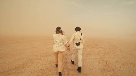 徒步旅行在沙漠上的夫妇