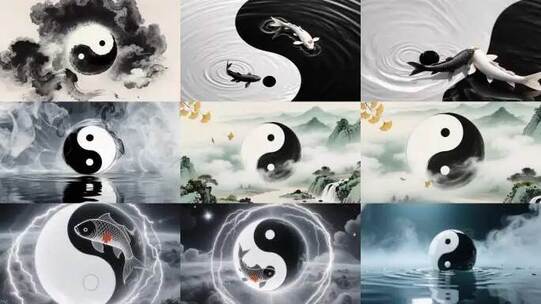 中国风水墨太极阴阳锦鲤动态背景高清在线视频素材下载