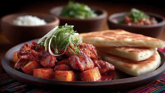 诱人韩式辣炖鸡搭配蓬松馕饼美食