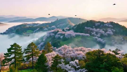 山间晨雾森林樱花全景