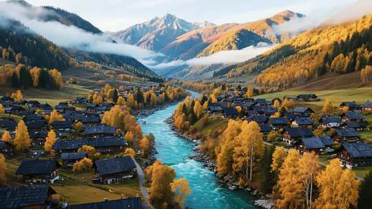 秋季山谷村庄河流风景