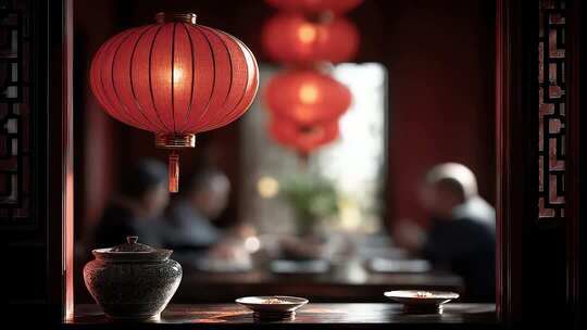 喜庆红灯笼下的中式家庭聚餐温馨场景