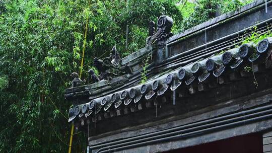 雨中中国风古建筑屋檐大雨雨滴特写