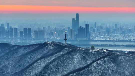 长沙岳麓山日出雪景航拍