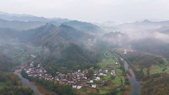 航拍安徽徽州皖南群山云海河流仙境云端村落