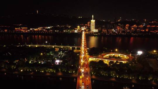 航拍湖南长沙夜景湘江夜景橘子洲大桥夜景