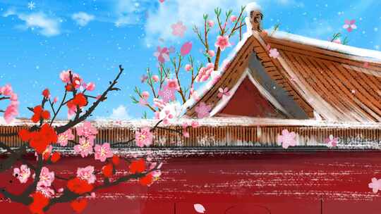 古风红墙雪景梅花画面