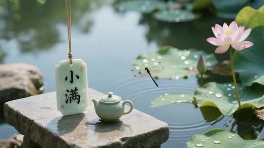 荷塘边小满主题茶具摆件