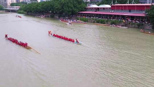 慢镜头航拍端午节龙舟竞渡福州光明港龙舟赛