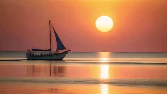 日出日落海面孤舟