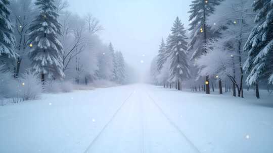 冬季漫天大雪铁轨雪景风光4k舞台粒子活动背景