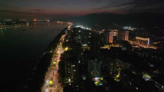 浙江杭州上城区夜晚夜景航拍车流交通城市风