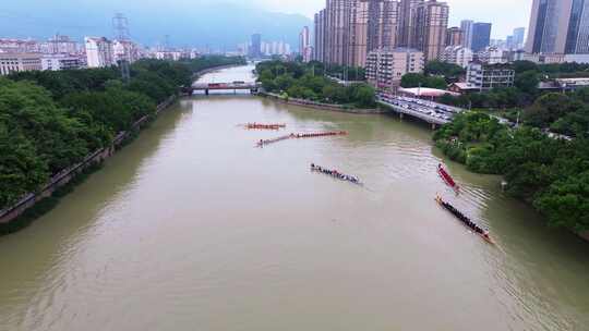 航拍端午节龙舟竞渡福建福州光明港龙舟赛