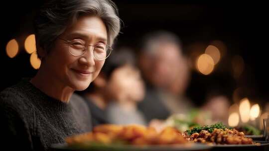 温馨家庭聚餐长辈慈祥微笑特写