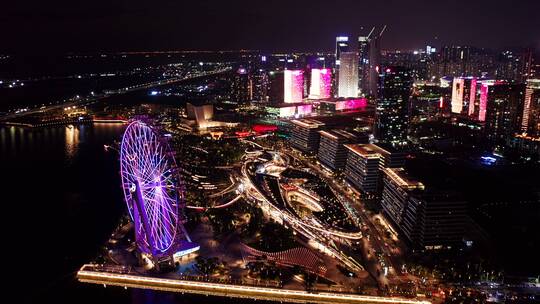 深圳宝安欢乐港湾摩天轮夜景全景右环绕