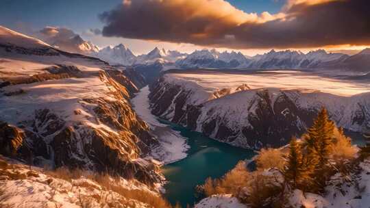 雪山河谷日落自然风光