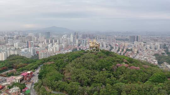 泉州郑成功雕像航拍丰泽区大坪山看市区阴天