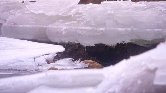 初春 冰雪融化 解冻 冰层 流水 融冰 河流