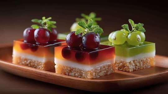 精致果冻甜点在木盘上的特写镜头