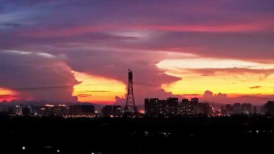 夕阳电塔城市航拍