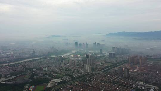 义乌城市大场景平流雾风光 航拍