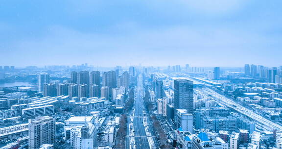 九江冬季雪景长虹大道航拍延时