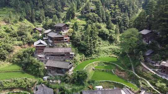 航拍贵州朗德苗寨苗族村落山水大气景色