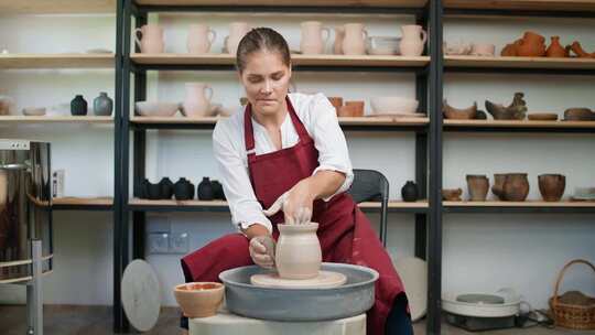 陶艺作坊女陶工用粘土制作水罐手工制作