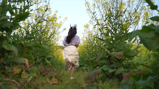 美女油菜花田里奔跑背影田野菜园奔跑背影视频素材模板下载