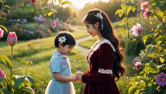 花园中妈妈与儿童温馨互动