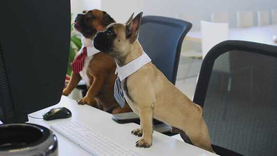 斗牛犬、狗子坐在办公桌前看电脑01视频素材模板下载
