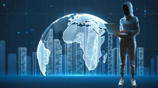 持笔记本电脑人物与地球科技背景