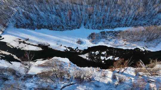 航拍大兴安岭不冻河根河雪景