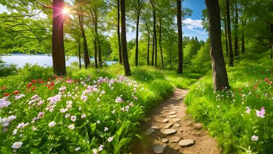 林间湖畔鲜花小径风景