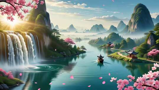 中式山水风景含瀑布亭台