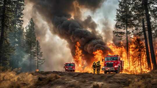 4k森林火灾大火航拍自然灾害消防员消防车
