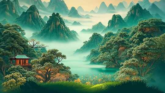 古风山水风景含中式小屋