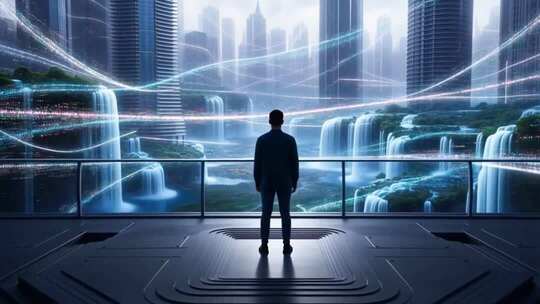 男子眺望未来科技城市景观