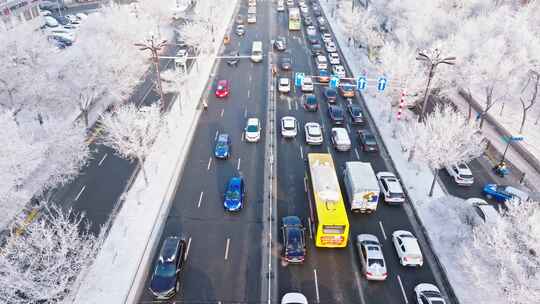 中国黑龙江哈尔滨城区雾凇雪景航拍