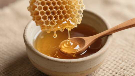 碗中蜂巢蜜滴入蜂蜜画面