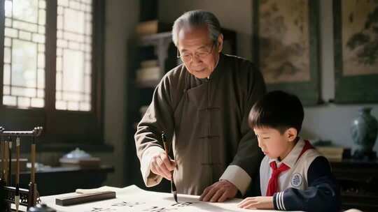 老人教儿童写毛笔字素材