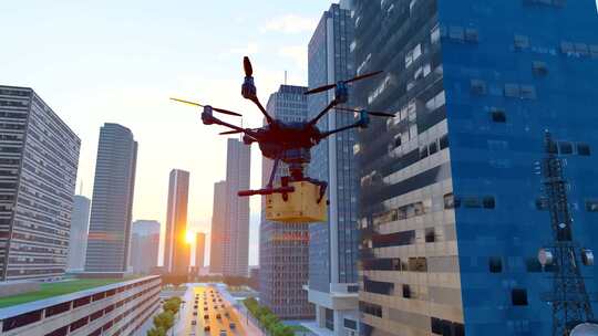 低空经济和城市街道上空送货的无人机