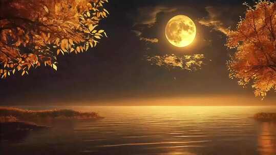 月夜下湖面与树木风景