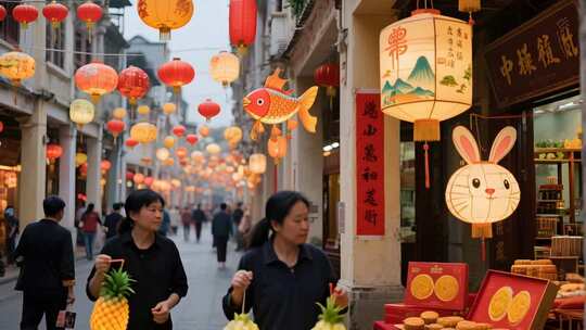 古街行人与中秋节庆灯笼场景
