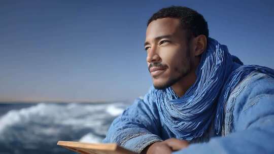 蔚蓝海面上男子眺望远方思索未来