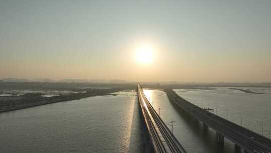 泉州湾跨海大桥航拍泉州湾大桥日落夕阳海景