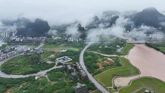 航拍广西桂林阳朔县新城区建设