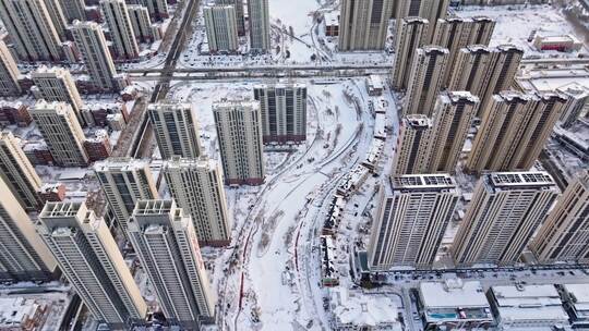 中国黑龙江哈尔滨现代住宅小区雪景航拍