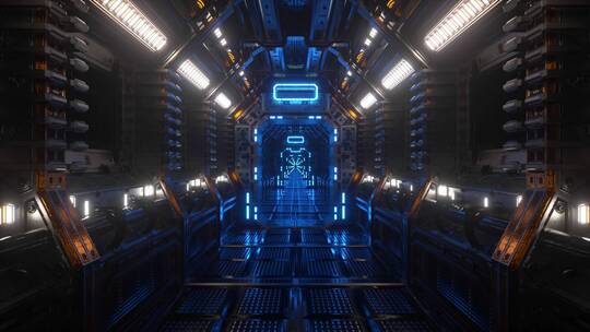 穿梭科幻宇宙飞船走廊隧道闪光灯3D动画